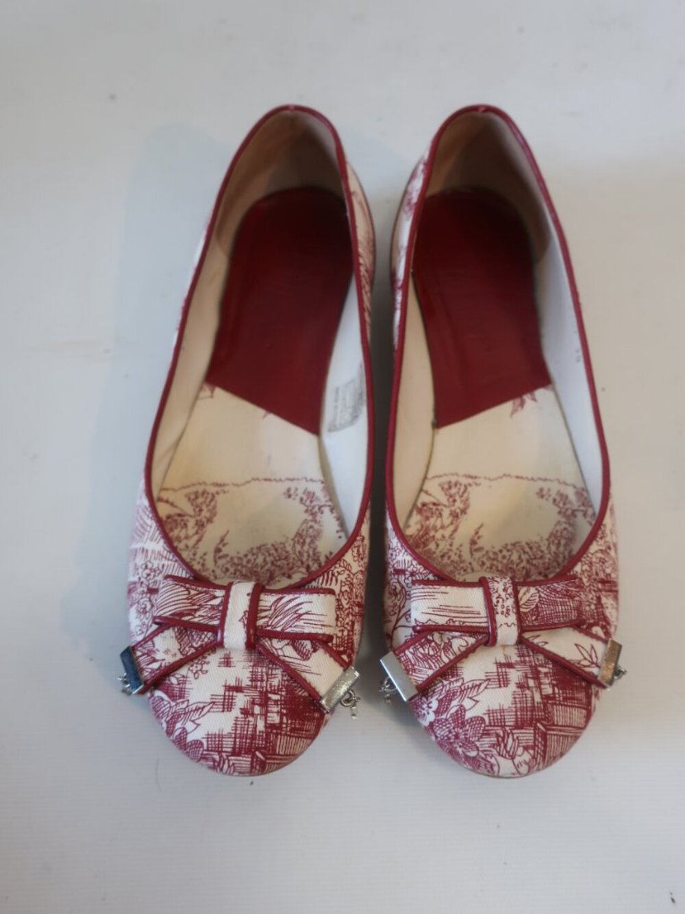 Women Christian Dior Red, Beige Toile De Juoy Canvas Bow Ballet Flats 38 EU/US 8 - Picture 2 of 11
